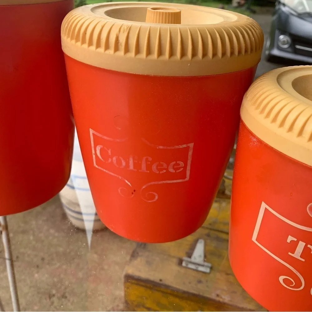 Vintage MCM Orange Tea Coffee Sugar Flour Round Cannister Set Plastic 60s 70s